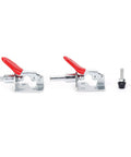 Hardcore Toggle Clamp With 400 Lb Holding Capacity And Quick Release Lever For Woodworking Or Metalworking Jigs And DIY Projects Featuring Badass Ergonomic Handle With Cushioned Grip Pad, showing two clamps with red levers.