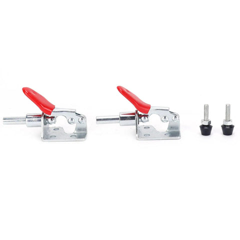 Hardcore Toggle Clamp With 400 Lb Holding Capacity And Quick Release Lever For Woodworking Or Metalworking Jigs And DIY Projects Featuring Badass Ergonomic Handle With Cushioned Grip Pad, showing two clamps with red levers.