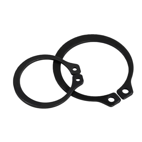 Badass Heavy Duty External Shaft Retaining Ring Assortment Kit With Premium Black Carbon Steel Circlips In Multiple Sizes and Durable Storage Case For DIY Repairs showing two black carbon steel circlips.