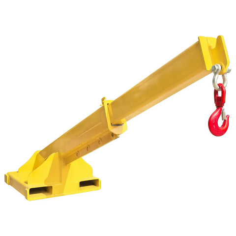 Heavy Duty Forklift Jib Boom Crane With Four Ton Capacity And Telescopic Boom Hook Hoist, yellow steel construction with hook.
