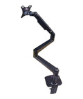 Built Different Heavy Duty Monitor Arm With Smooth Multi Angle Swivel Quick Install Rock Solid Base Easy Cable Management side view of a black monitor arm.