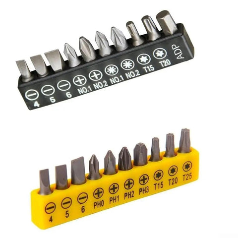 Top Tier 10 Piece Torx Impact Driver Bit Set With Hex Shank For Phone Repair And Electronics, Anti Slip Power Bits For Tough Jobs In Compact Case Storage. 10-piece steel bits in black and yellow holders