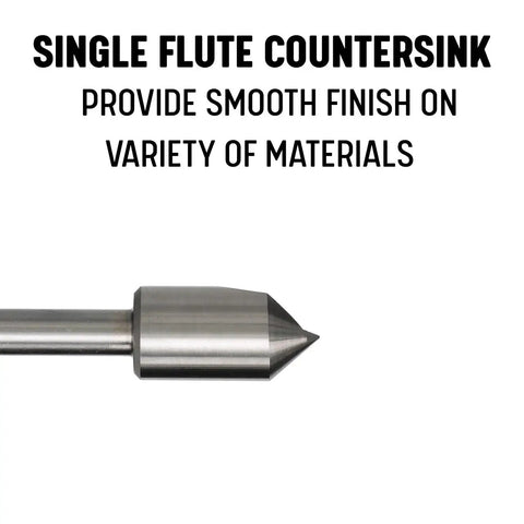 Side view of a single flute countersink from the Three Piece Single Flute Countersink Set With 82 Degree Cutting Angle For One Quarter Inch, Three Eighth Inch, And One Half Inch Bits, Pro Grade Quality Delivers Clean Countersinks For Flathead Screws And Great Chip Clearance For Plastic And Aluminum.