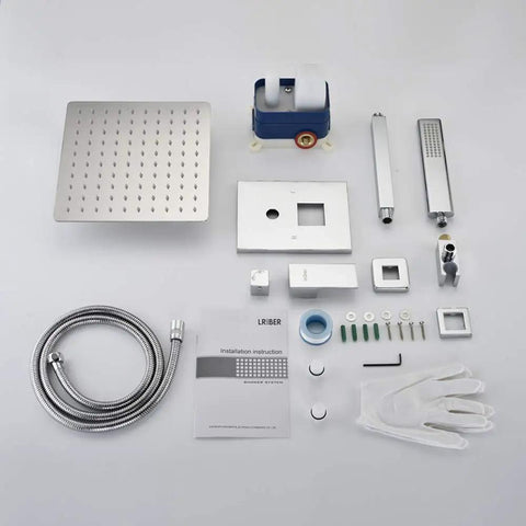 Ceiling Mount Rain Shower System With 10 Inch Square Rain Head And Brass Handheld Shower Brass Mixer Valve And Trim Kit components