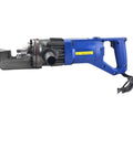 Handheld Electric Hydraulic Rebar Cutter RC-16 side view, blue and grey, portable tool for quick rebar cuts at construction sites.