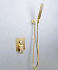 Wall Mount Shower Set With 10 Inch Square Rainfall Head And Dual Function Handheld Sprayer, gold finish, modern design.