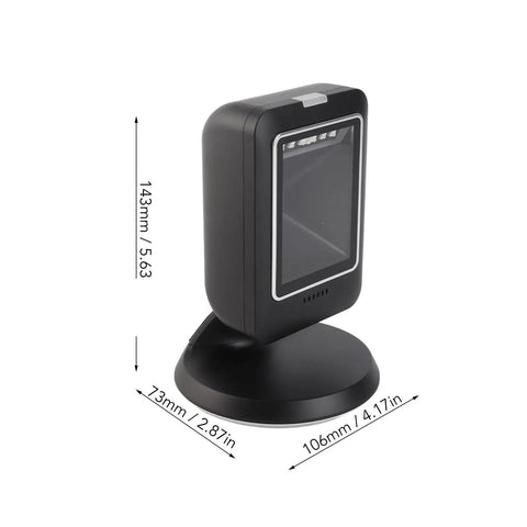 Omnidirectional 2D Barcode Scanner USB Wired Desktop Reader with dimensions 143mm x 106mm x 73mm displayed