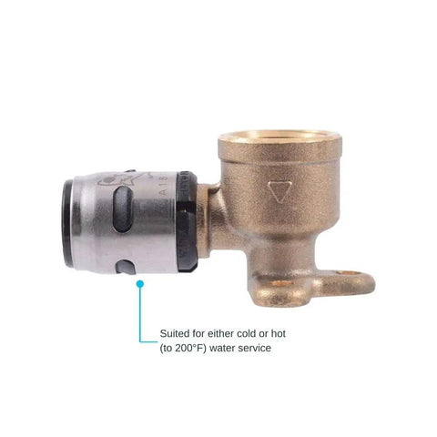 EvoPEX Half Inch Push To Connect 90 Degree Elbow Female Adapter, side view showing brass and stainless steel design.