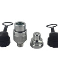 KZE-B-03 3/8'' NPT hydraulic quick-connect coupling set, 10,000 PSI, knurled metal body with black end caps (front view)