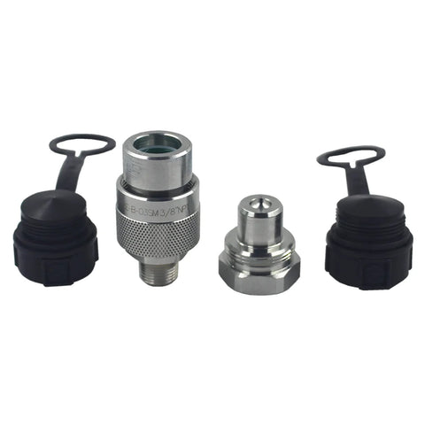 KZE-B-03 3/8'' NPT hydraulic quick-connect coupling set, 10,000 PSI, knurled metal body with black end caps (front view)