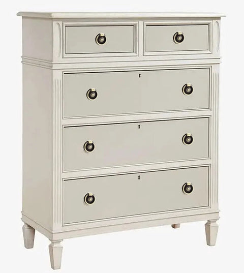 White dresser with six piece antique brass drawer ring pull handles set for cabinets dressers cupboards and doors classic vintage style.
