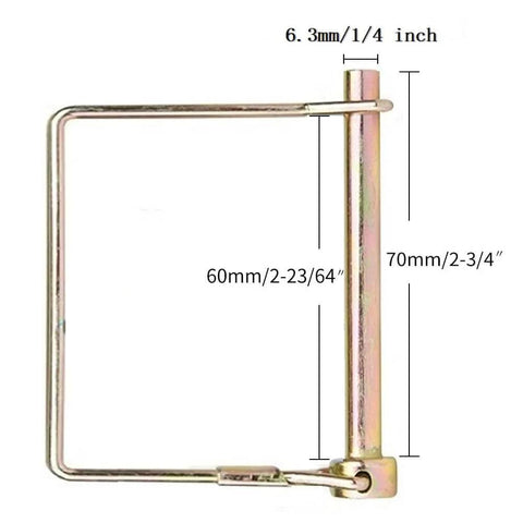 10 Pack Quarter Inch Trailer Hitch Pin Set With Quick Release And Locking Pin, 1/4 in dia, 2.75 in long, side view with dimensions
