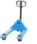 Heavy Duty Manual Pallet Jack Truck With 27X48 Inch Forks Designed To Move 6600 Lb Palletized Cargo Across Warehouse Docks And Home Sheds Effortlessly, blue with a manual handle.