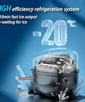 Portable Stainless Steel Countertop Ice Machine Makes Soft Nugget Ice Fast Self Cleaning One Touch Operation Party Ready showing high efficiency refrigeration system.
