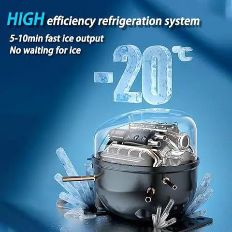 Portable Stainless Steel Countertop Ice Machine Makes Soft Nugget Ice Fast Self Cleaning One Touch Operation Party Ready showing high efficiency refrigeration system.