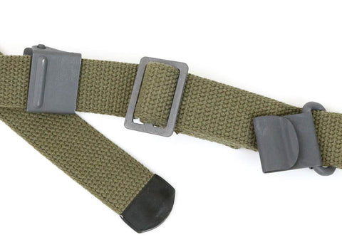Green Web Sling For M1 Garand USGI Pattern Two Point OD Cotton Made In USA With Parkerized Steel Hardware close-up view.
