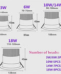 DWLANMLHYA LED Recessed Ceiling Lights 3W 6W 10W 14W 18W COB Spot size comparison dimensions for installation.