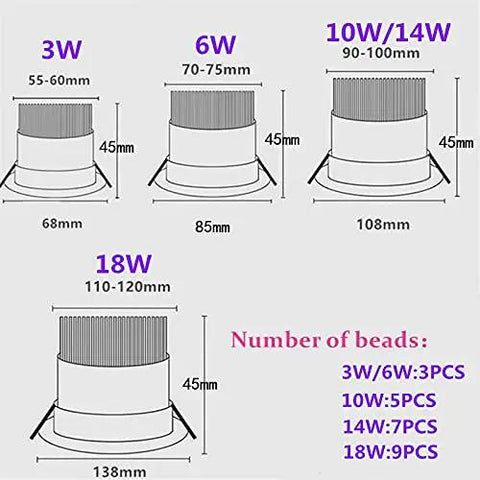 DWLANMLHYA LED Recessed Ceiling Lights 3W 6W 10W 14W 18W COB Spot size comparison dimensions for installation.