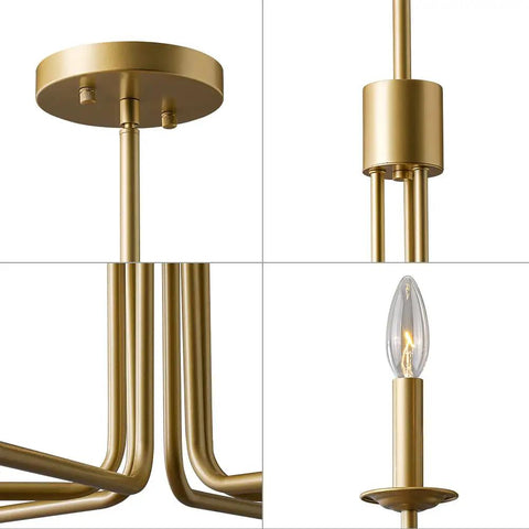 Close-up details of Shiny Gold 6 Light Candle Chandelier For Dining Room Living Room Kitchen And Foyer Over Table Ceiling Light Fixture 28 Inch E12 Bulb Compatible Modern Vintage Style That Really Pops Any Space