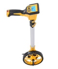 Fafeicy Digital Display Measuring Wheel with Backlit Screen showcasing digital display, yellow accents, and rubber wheel.