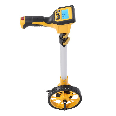 Fafeicy Digital Display Measuring Wheel with Backlit Screen showcasing digital display, yellow accents, and rubber wheel.