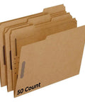 No Sweat Manila File Folders With 2 Prong Fasteners For Secure Paper Storage And Smooth Daily Organization Pack Of Fifty One Third Cut Tab Brown Paper Files stacked showing 50 count.