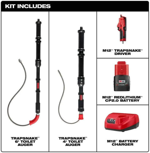 Badass 12V M12 Ready Drain Snake And Toilet Auger Combo Kit with 6' toilet auger and 4' urinal cleaner included.