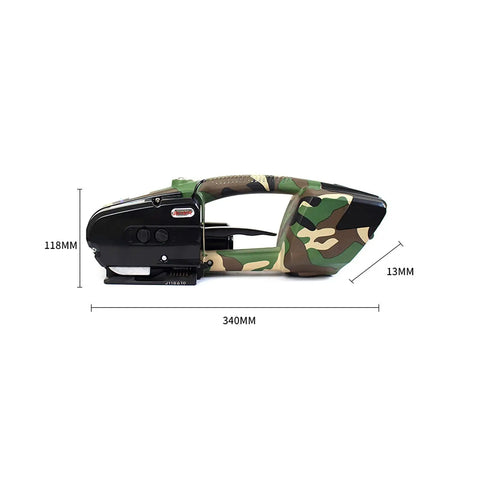Solid Heavy Lifter Portable Electric Strapping Machine With 3000 Mah Battery, side view showing camo design and dimensions.
