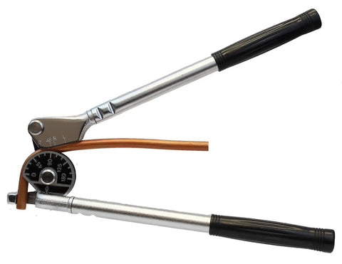 Lever Tube Bender For Three Eighths Inch Tubing With Cushioned Grip Handles And Integrated Bend Angle Markings