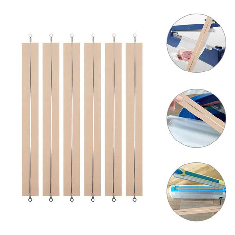 6 Piece Impulse Sealer Heat Wire Element Strips 18 Inch Long 8mm Wide Replacement Heating Seals displayed with usage examples.