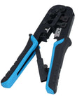 Ratcheting Crimping Tool Kit For Cat5 Ethernet With 8P And 6P Heads Easy Shear Blade Blue Black Finish Secure Cable Connections