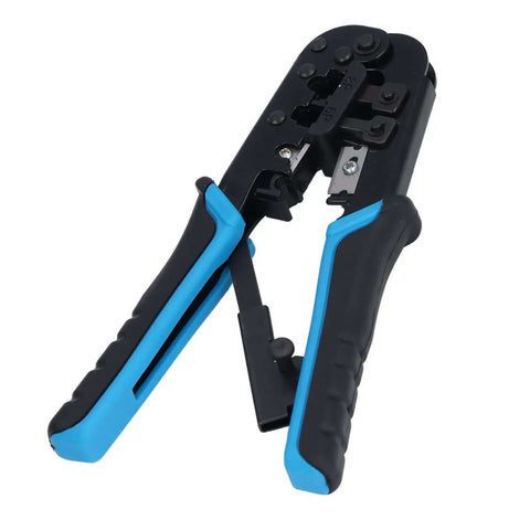 Ratcheting Crimping Tool Kit For Cat5 Ethernet With 8P And 6P Heads Easy Shear Blade Blue Black Finish Secure Cable Connections