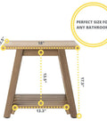 Waterproof Shower Bench With Storage Shelf, 18-Inch Corner Seat, Heavy-Duty HDPE Wood-Look Frame shown with dimensions