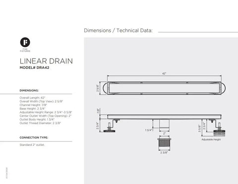 Dimensions of Rugged 42 Inch Linear Shower Drain With Flip Style Tile Cover And Sleek Satin Brass Trim Crafted From Bulletproof 304 Stainless Steel.