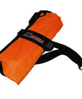 Orange 50 Pound Lift Bag For Scuba Diving And Salvage, folded view with strap and clip, durable urethane-coated nylon
