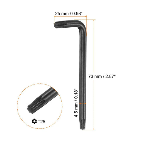 5 Piece T25 Security Tamper Proof Torx Star Bit Set With Long Arm L Shaped Wrenches For Automotive And Home Repairs In Carbon Steel Black Finish, T25 bit 73mm