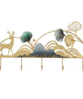 Modern Wall Mounted Coat Rack Featuring Five Sturdy Metal Hooks To Level Up Your Daily Routine And Bring A Tight Organized Lineup To Any Hallway Bedroom Or Living Room Space, decorative gold design with deer and mountains.