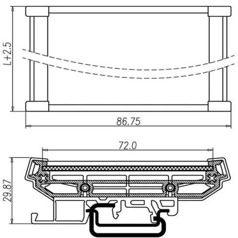 Technical drawing of PCB DIN Rail Mount Carrier For 35mm Wide Rails, showing dimensions for 100x72mm circuit board fitment.