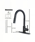 Friho Matte Black Kitchen Faucet with Pull Down Sprayer, dimensions showing height and width for installation guide.