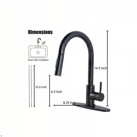 Friho Matte Black Kitchen Faucet with Pull Down Sprayer, dimensions showing height and width for installation guide.
