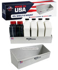 Six Bottle Oil Shelf Caddy For Trailer And Garage Aluminum Enclosed Storage Organizer Holds Six Quarts Of Automotive Engine Oil Made In USA With Pre Drilled Mounting Holes And Hardware Included, shown with oil bottles
