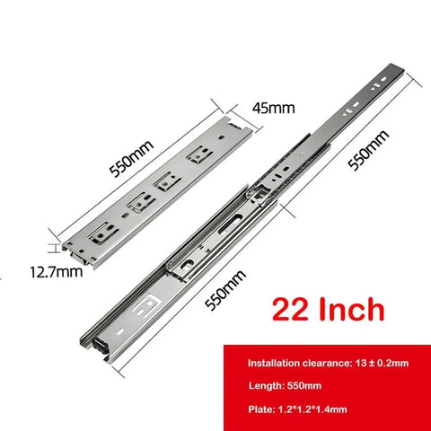 Full Extension Ball Bearing Drawer Slides With Soft Close, 3 Fold, Quiet Side Mount Stainless Steel Runners, 550mm and 22 Inch