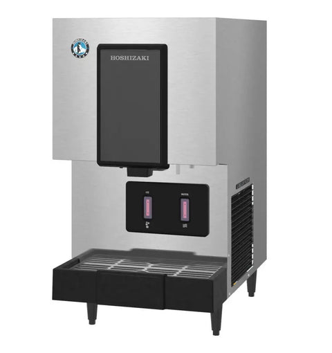 Slick Badass Cubelet Ice Machine With Built In Storage Bin, stainless steel, countertop use, measures 31 tall, hands-free operation.