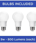 Bulbs included for Three Light LED Fan Light Kit in Antique Bronze with White Washed Alabaster Glass Shades, 9w 800 lumens each.