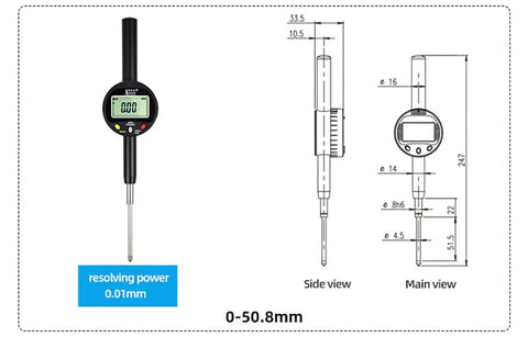 Diagram of Dope Pro Grade Digital Dial Indicator Tool for precision measuring 0 to 2 inches 50.8 mm travel with specifications.