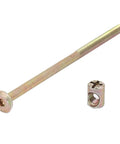 Bronze Tone M6 Furniture Bolt Set With 13mm Barrel Nut And 4mm Hex Key Drive 125mm Length single bolt and nut visible