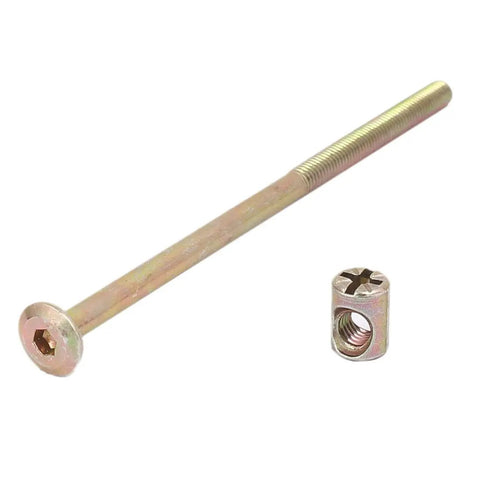 Bronze Tone M6 Furniture Bolt Set With 13mm Barrel Nut And 4mm Hex Key Drive 125mm Length single bolt and nut visible