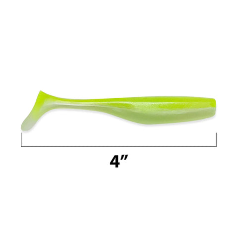 4 Inch Soft Plastic Paddle Tail Swimbait in Electric Green showing realistic kicking action for freshwater and saltwater fishing.