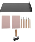 10 Piece Linocut Stamp Blocks Kit With Sturdy Metal Workbench And Sharp Carving Knife For Rubber Stamp Making And Block Printing Projects Great For DIY Crafting Card Making Scrapbooking And Gift Tags: metal bench, pink blocks, carving tools