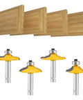 Four Piece One Quarter Inch Shank Router Bit Set For Door And Drawer Front Edging, Killer Ogee Bits, Thumbnail Bit, Round Over Bit, Carbide CNC Milling Cutters For Woodworking Grooving And Cabinet Making shown with wooden panels